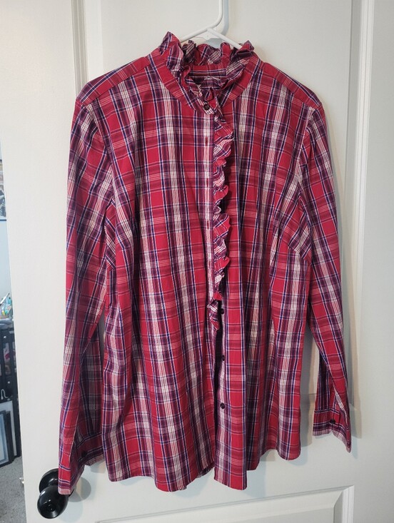 GAP Tops - GAP Red Plaid Ruffle-Trim Button-Down Shirt